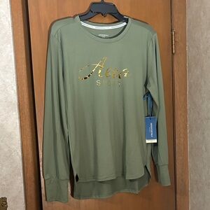 Womens XL NWT Aeropostale Aero Sport Gold Lettering Olive Performance Top